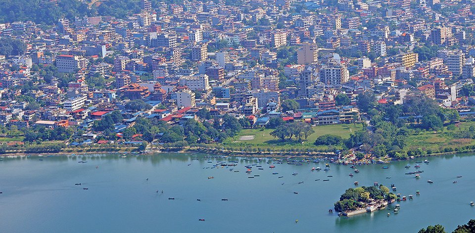 Lakeside (Baidam) area along Phewa Lake in Pokhara, Nepal